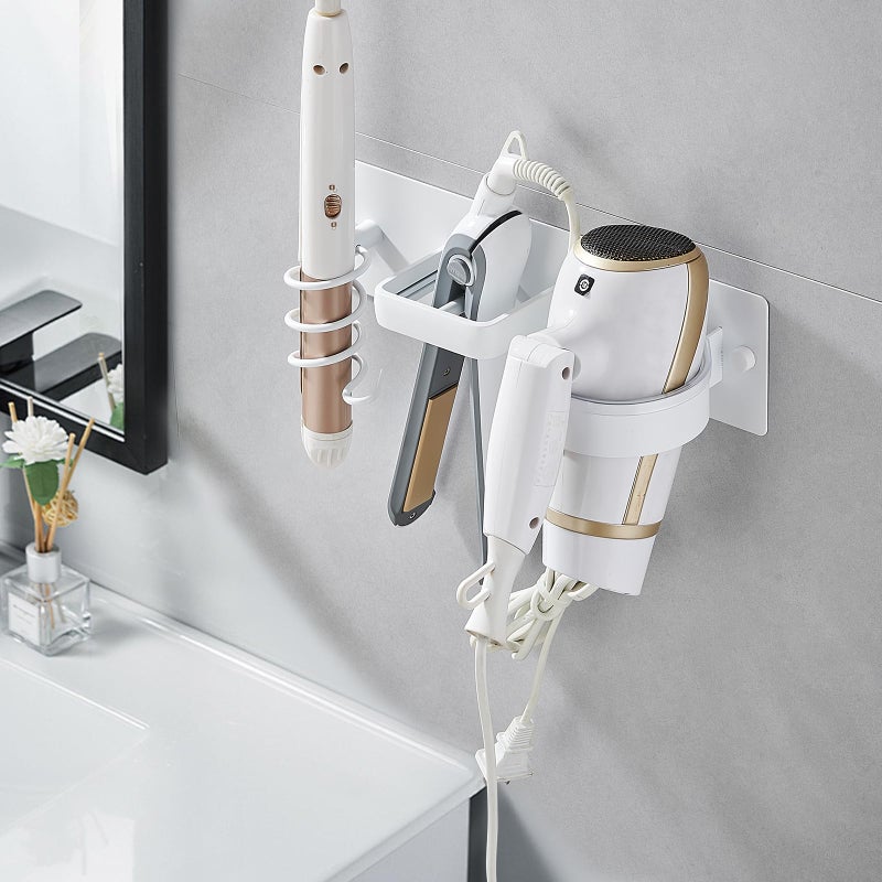 HOHOWU Hair Dryer Holder Wall Mounted,Blow Dryer, Curling Iron, Straightener Holder 3 in 1 Bathroom Metal Hair Tool Organizer Rack-Matte White-1 - Image 3