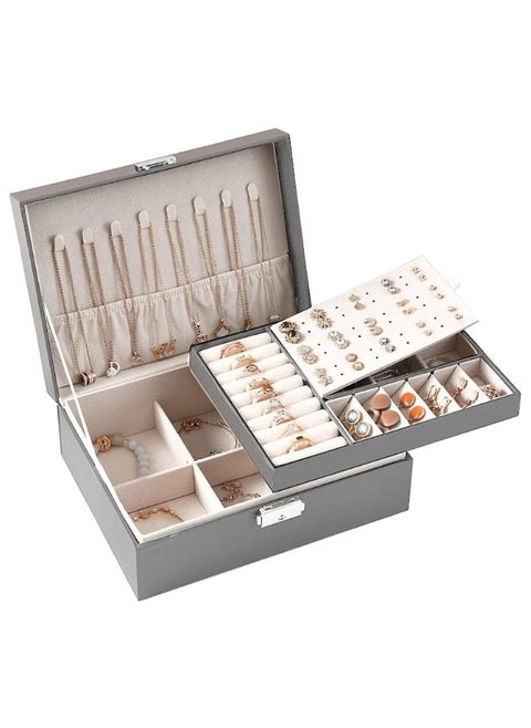 Two Layers Leather Jewellery Organiser Box with Key Lock -Grey