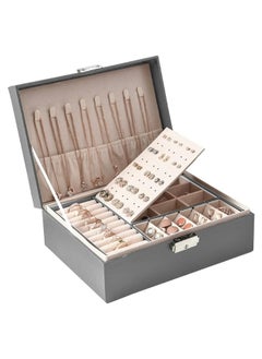 Generic Two Layers Leather Jewellery Organiser Box with Key Lock -Grey  - Image 2