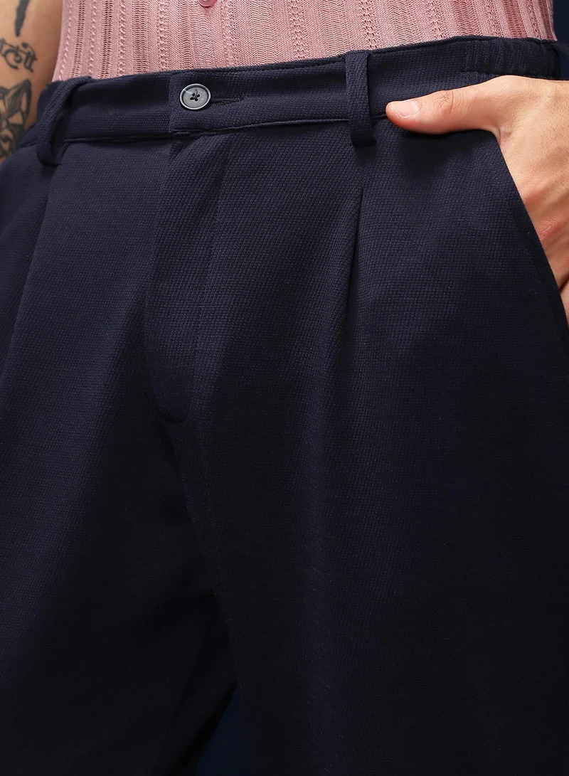 Campus Sutra Men's Navy Blue Micro-Waffle Straight Trousers For Casual Wear | Mid-Rise | Straight Fit | Drawstring Closure | Trousers Shirt Crafted With Comfort Fit For Everyday Wear