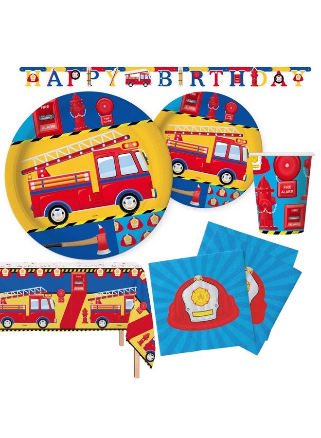 Oojami Serves 24 Complete Fire Truck Birthday Party Supplies Includes Plates Cups Napkins Table Covers And Happy Birthday Banner - Image 1
