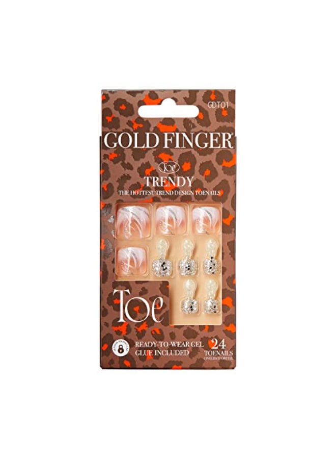 GoldFinger Press On Toenails Regular Fit White Glitter French Design Squoval Shape Long Lasting Nail Glue Included Glue On Toe Nails Perfect Match for Beach Vacation Special Occasion - Image 1