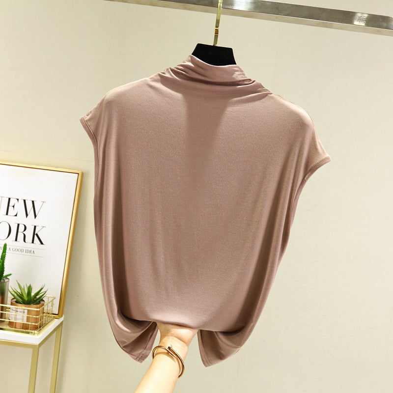 Modal Sleeveless T-shirt Spring and Autumn Interior Western Style Slimming Semi-high Collar Base Shirt Thin All-match Solid Color Top - Image 1