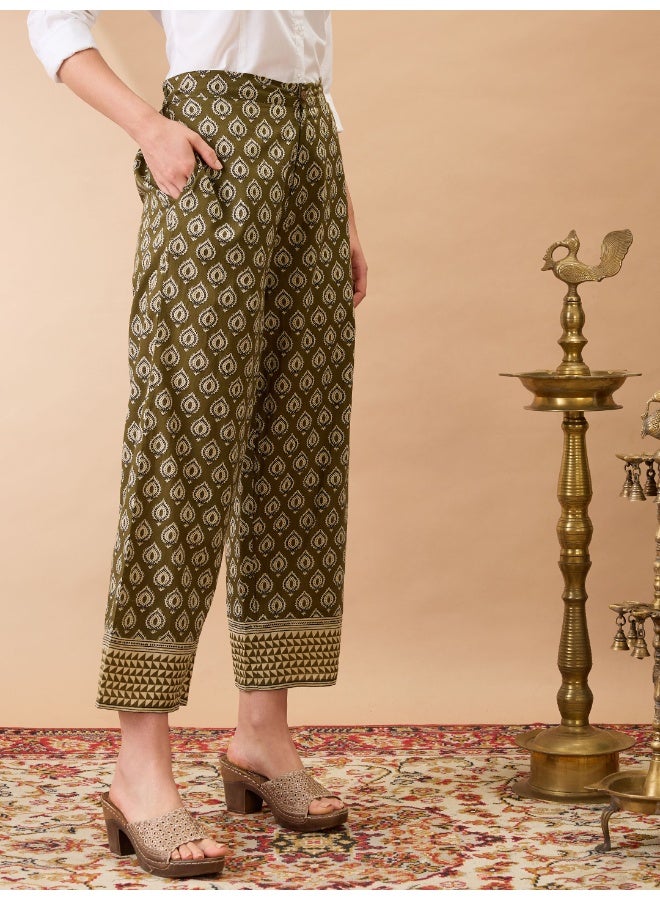globus Women Olive Ethnic Print Mid-Rise Straight Fit Fusion Trousers - Image 3