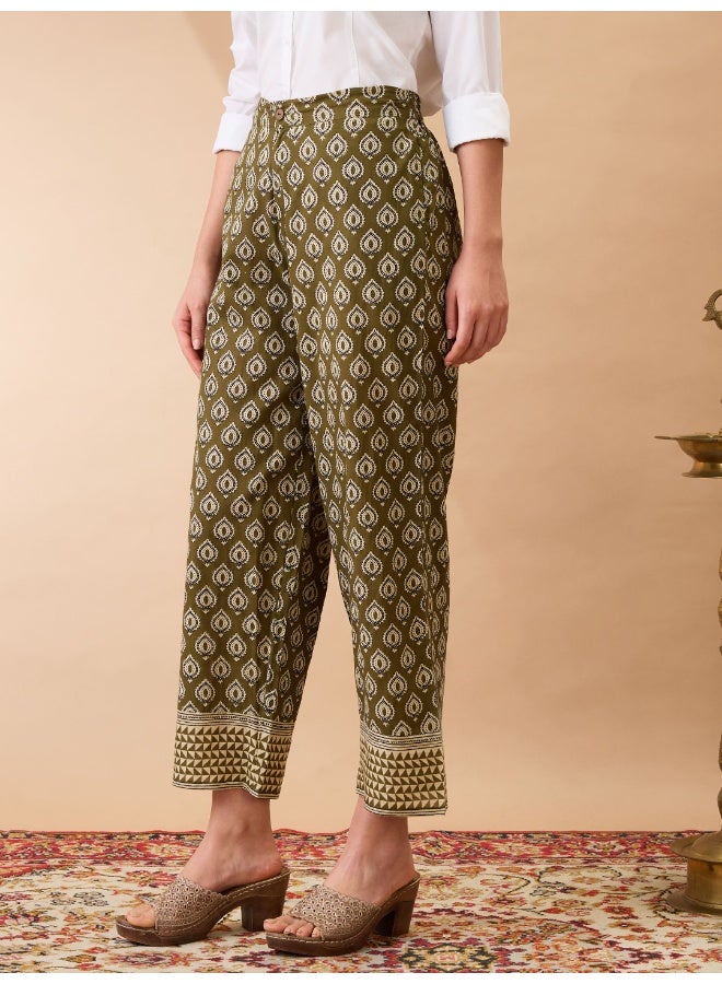 globus Women Olive Ethnic Print Mid-Rise Straight Fit Fusion Trousers - Image 4