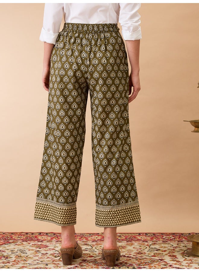 globus Women Olive Ethnic Print Mid-Rise Straight Fit Fusion Trousers - Image 5