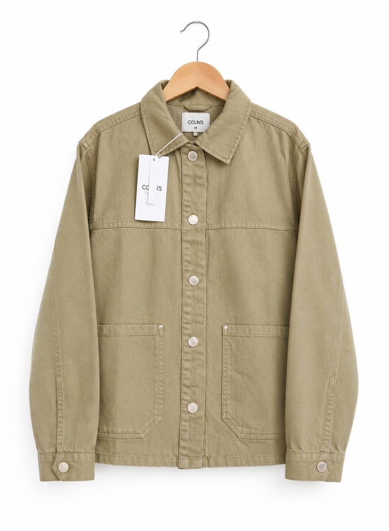 Colin's Women's Oversized Relaxed Fit Denim Jacket, Olive Green, Long Sleeve size 36 - Image 1