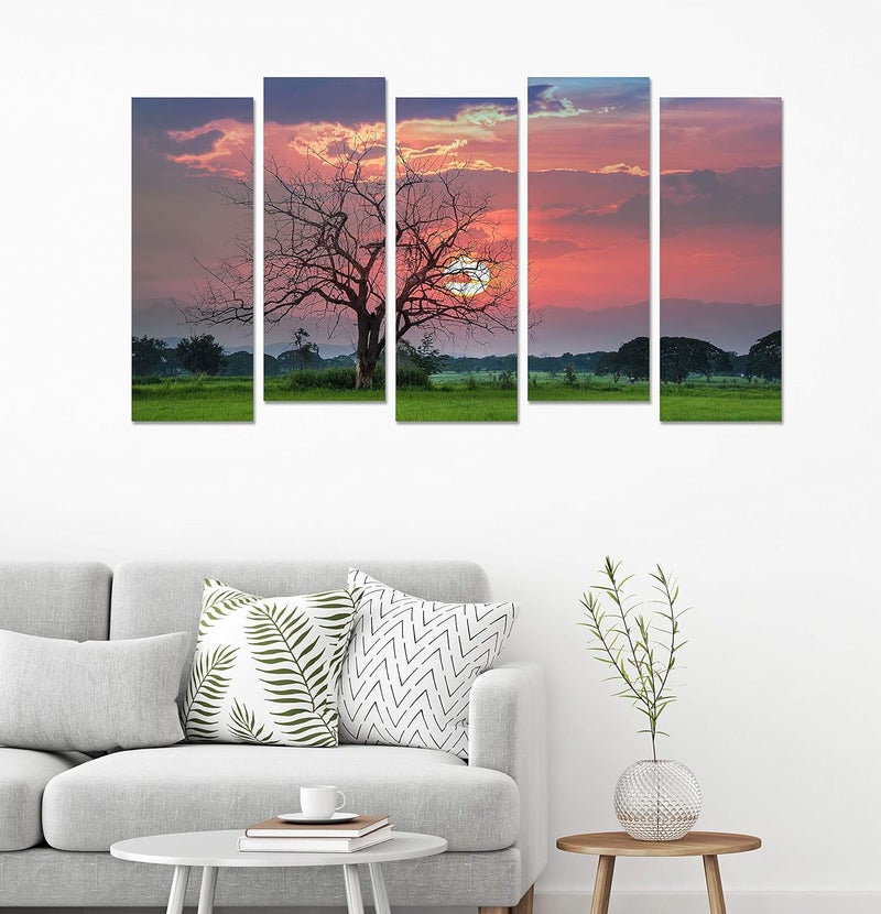 PAPER PLANE DESIGN Painting for Wall Decoration Sunset View Picture 5 Split Panels Art Décor for Living Room Bedroom Hotel Office, Sun-board, (27 x 50 inch) - Image 3