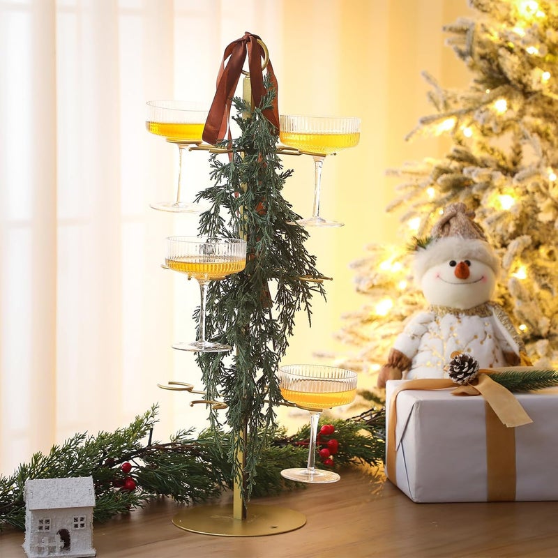 Funnymoom Christmas Cocktail Tree Stand with 3 Green Rattan and Bow, 3 Tier 12 Holders Gold Tree Tower Stand for Drink for Champagne Martini Cup for Xmas Wedding Bridal Showers Party - Image 4