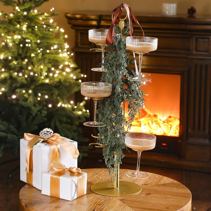 Funnymoom Christmas Cocktail Tree Stand with 3 Green Rattan and Bow, 3 Tier 12 Holders Gold Tree Tower Stand for Drink for Champagne Martini Cup for Xmas Wedding Bridal Showers Party - Image 5