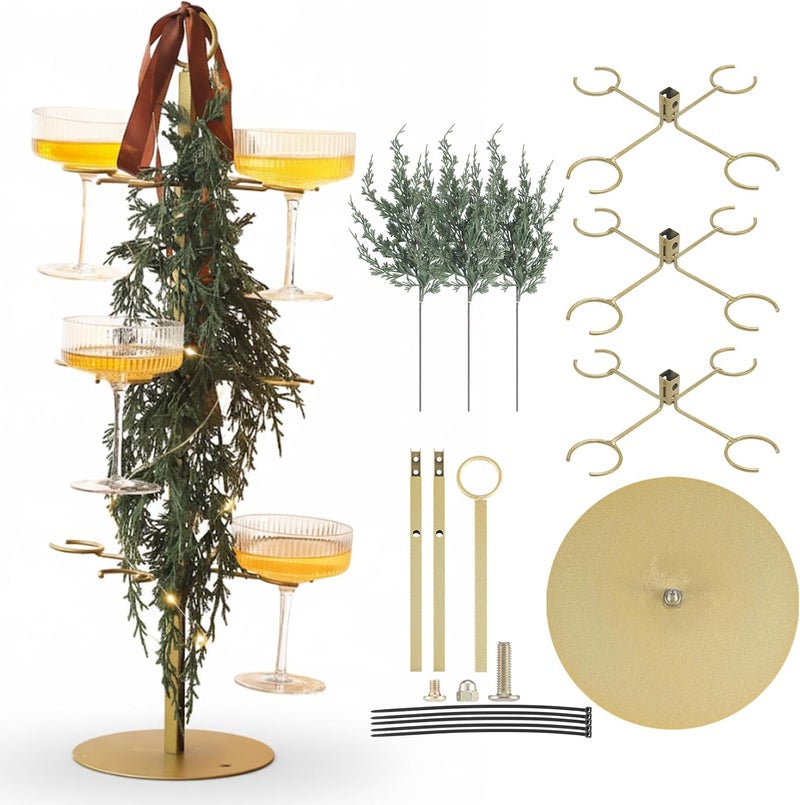 Funnymoom Christmas Cocktail Tree Stand with 3 Green Rattan and Bow, 3 Tier 12 Holders Gold Tree Tower Stand for Drink for Champagne Martini Cup for Xmas Wedding Bridal Showers Party - Image 1