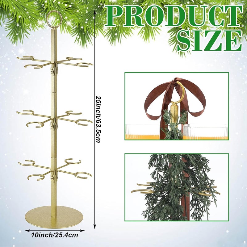 Funnymoom Christmas Cocktail Tree Stand with 3 Green Rattan and Bow, 3 Tier 12 Holders Gold Tree Tower Stand for Drink for Champagne Martini Cup for Xmas Wedding Bridal Showers Party - Image 2