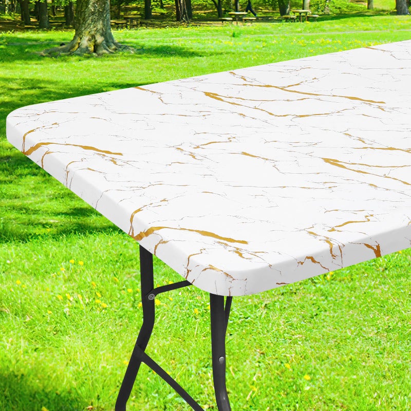 Smiry Rectangle Table Cloth Cover, Waterproof Elastic Fitted Picnic Tablecloth for 8 Foot Tables, Wipeable Flannel Backed Vinyl Tablecloths for Camping, Dining, Outdoor (White, 30" x 96") - Image 1