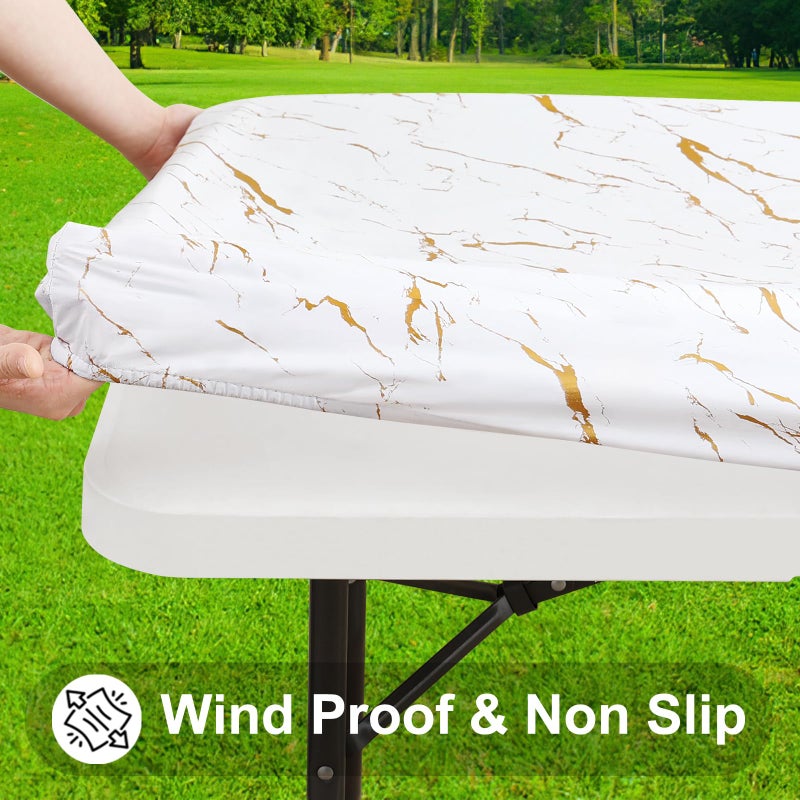 Smiry Rectangle Table Cloth Cover, Waterproof Elastic Fitted Picnic Tablecloth for 8 Foot Tables, Wipeable Flannel Backed Vinyl Tablecloths for Camping, Dining, Outdoor (White, 30" x 96") - Image 2