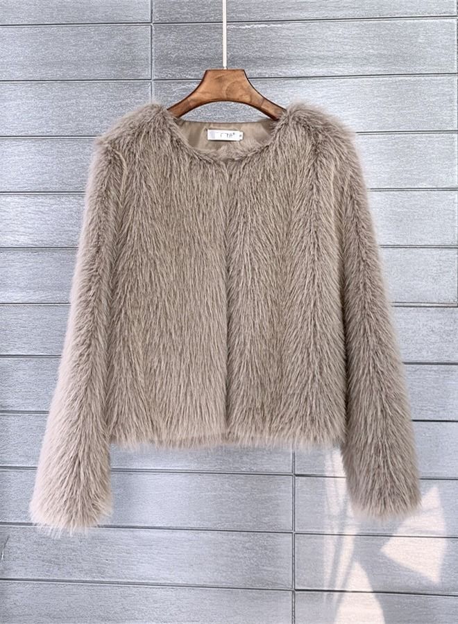 Loquat Women's Solid Color Imitation Fur Short Coat Brown  - Image 1