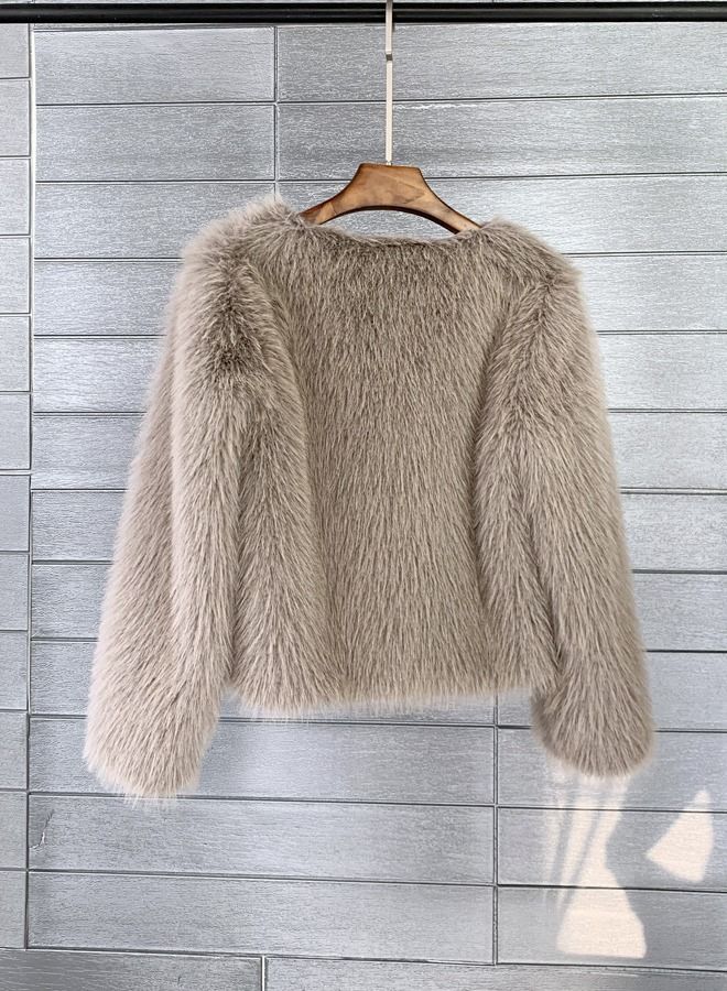 Loquat Women's Solid Color Imitation Fur Short Coat Brown  - Image 2