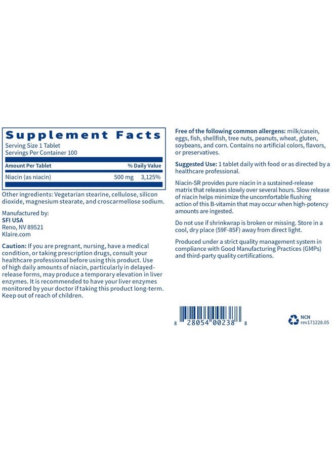 Klaire Labs Klaire Labs Niacin-SR - 500 Milligrams Sustained Release Essential Vitamin B3 to Help Avoid Flush, Adjustable Dose & Hypoallergenic (100 Scored Tablets) - Image 5