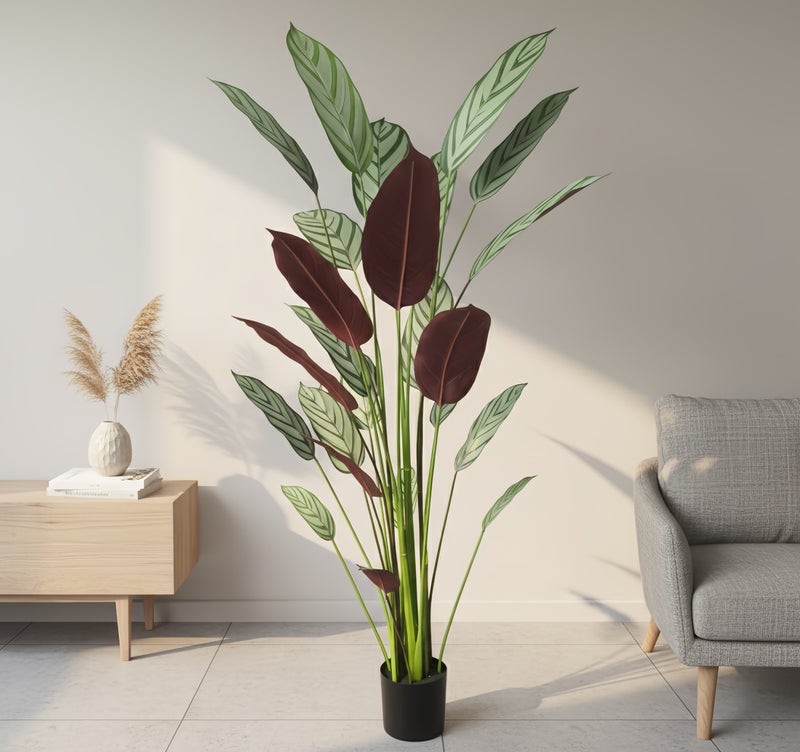 شاربدو شجرة كالاثيا صناعية بشعيرات اصطناعية ارتفاع 180 سم مع أوراق واقعية، شجرة مزيفة موضوعة في وعاء تحاكي الطبيعة لتزيين المنزل أو المكتب أو غرفة المعيشة أو الشرفة، شجرة كبيرة اصطناعية للديكور وأعمال DIY - Image 2