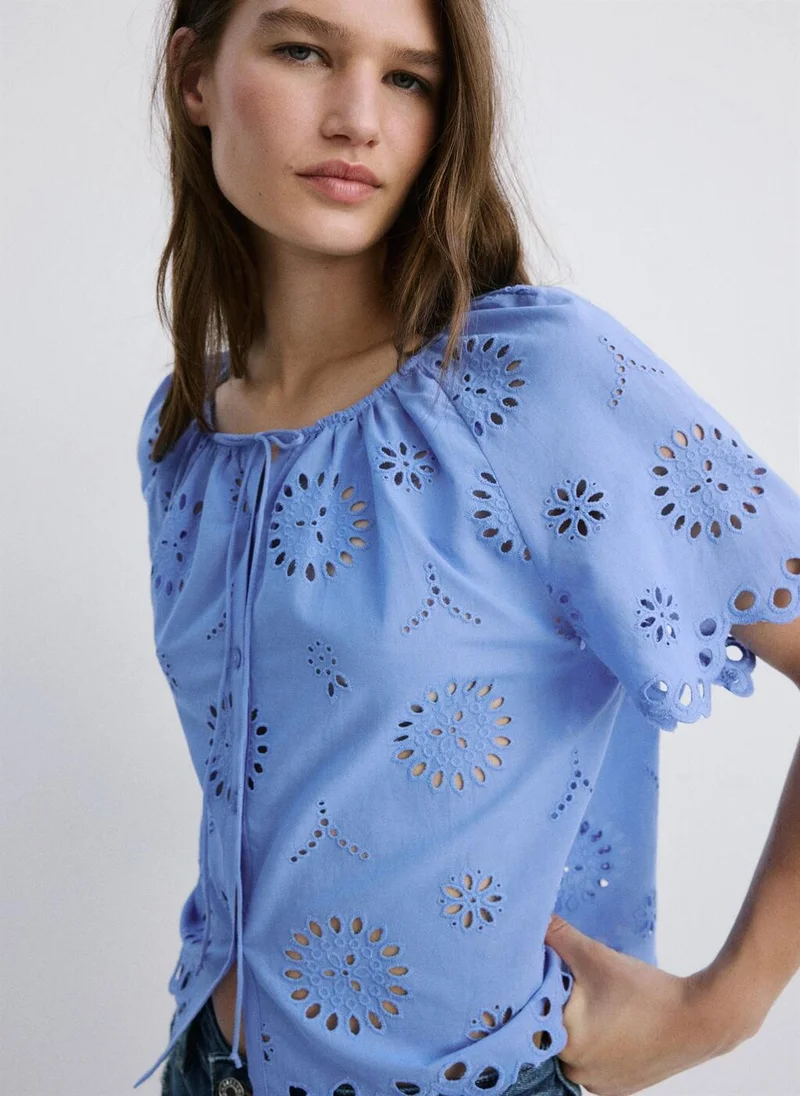 مانجو 100% cotton blouse with openwork embroidery