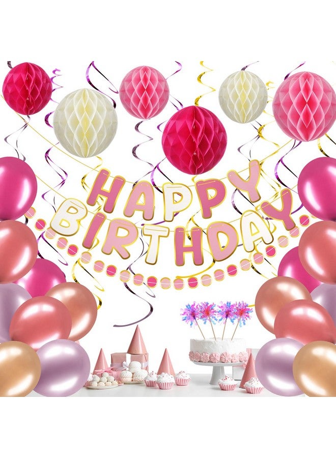 TaoBary Pink Birthday Decorations, Happy Birthday Banner, Honeycomb Balls, Garland, Metallic Balloons, Hanging Swirls, Cupcake Toppers, Happy Birthday for Women Girls Birthday Princess Party - Image 1