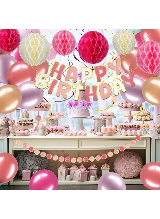 TaoBary Pink Birthday Decorations, Happy Birthday Banner, Honeycomb Balls, Garland, Metallic Balloons, Hanging Swirls, Cupcake Toppers, Happy Birthday for Women Girls Birthday Princess Party - Image 4