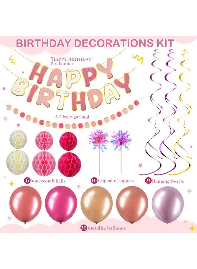 TaoBary Pink Birthday Decorations, Happy Birthday Banner, Honeycomb Balls, Garland, Metallic Balloons, Hanging Swirls, Cupcake Toppers, Happy Birthday for Women Girls Birthday Princess Party - Image 2