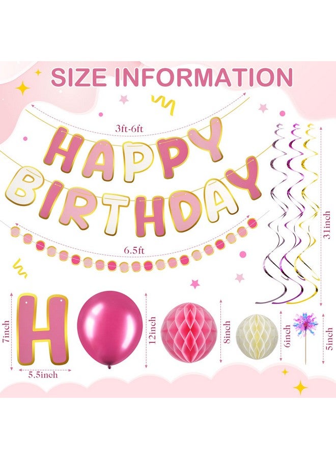 TaoBary Pink Birthday Decorations, Happy Birthday Banner, Honeycomb Balls, Garland, Metallic Balloons, Hanging Swirls, Cupcake Toppers, Happy Birthday for Women Girls Birthday Princess Party - Image 3