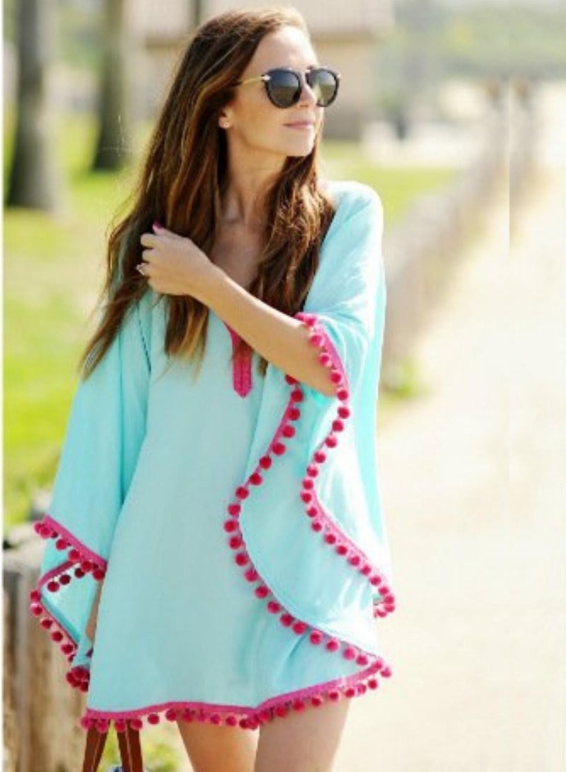 Hat Trick Blue Kaftan With Pink Pom Pom Border  - Image 2