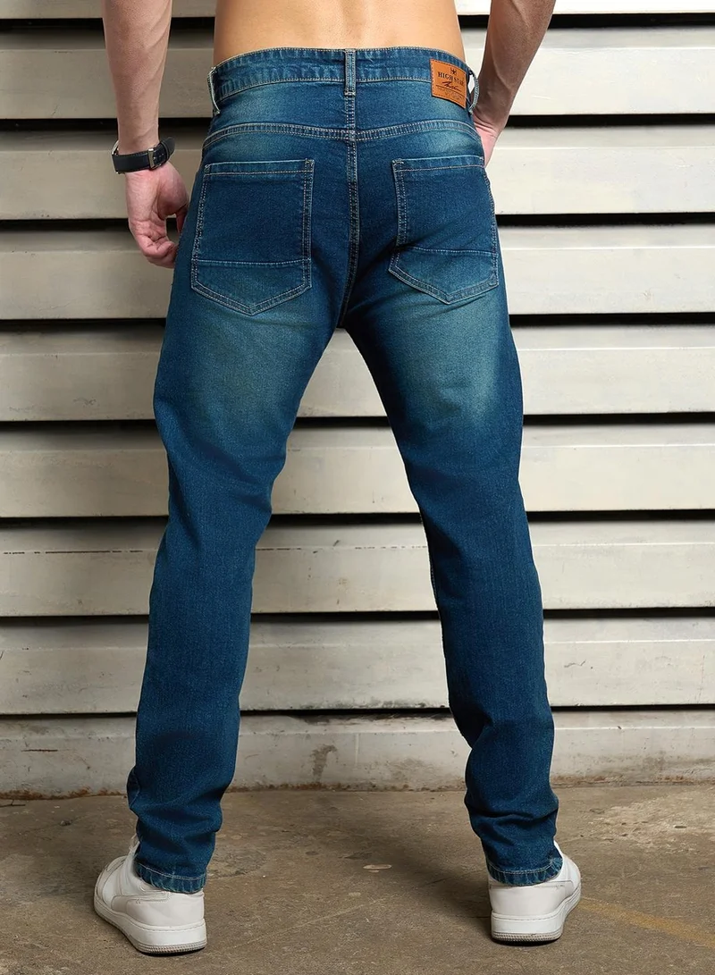 HIGH STAR Indigo Tapered Fit Light Fade Cotton Jeans for Men, 100% Cotton