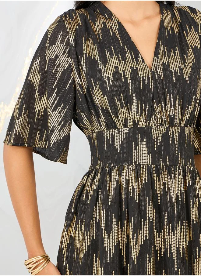 Styli Foil Print A-Line Maxi Dress