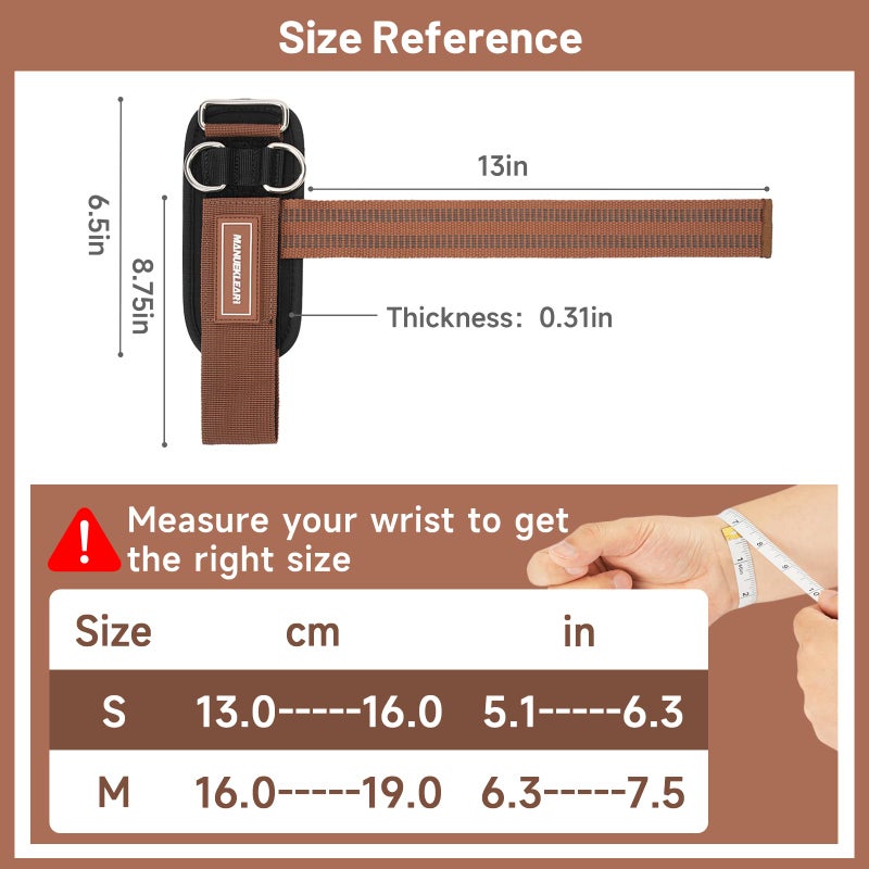 M MANUEKLEAR MANUEKLEAR Non-Slip Wrist Straps for Weightlifting Deadlifting, Gym Lifting Straps with D Rings for Cable Machine Workout, 10mm Neoprene Padded Weight lifting Wrist Wraps for Men Women (Brown, M (6.3-7.5inch)) - Image 2