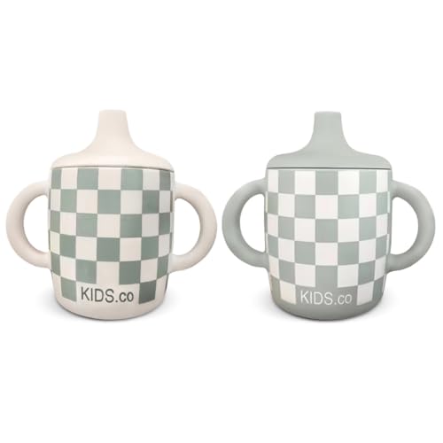 KIDSco Silicone Sippy Cups 2 Pack Soft Spout Easy Grip Handles for Babies 6 months Plastic Free Toxic Free Silicone LeakResistant Dishwasher Safe Checkers - Image 1