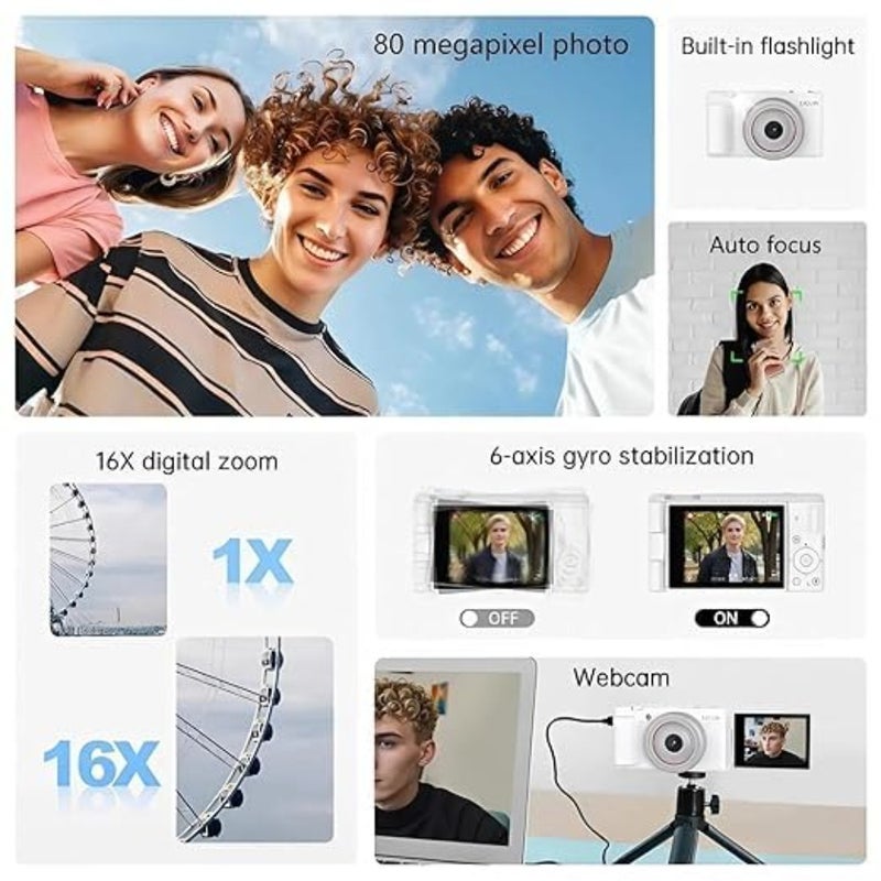 Digital Camera for vlogging and travel, black plastic body with flip screen, 5K resolution, 80MP sensor, 16X digital zoom, 6-axis gyro stabilization, 9 preset modes, 800 mAh battery - Image 2