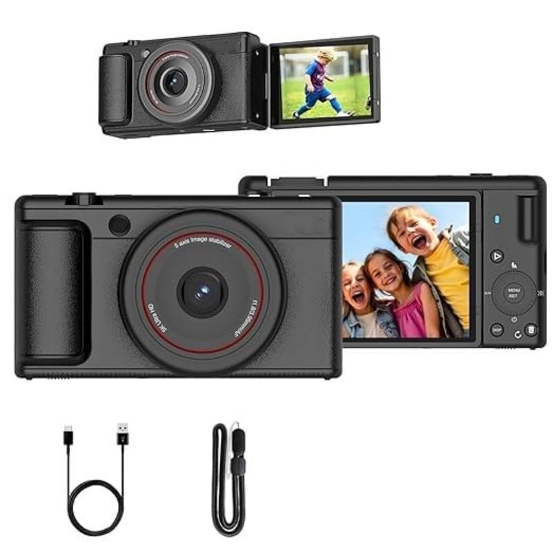Digital Camera for vlogging and travel, black plastic body with flip screen, 5K resolution, 80MP sensor, 16X digital zoom, 6-axis gyro stabilization, 9 preset modes, 800 mAh battery - Image 1