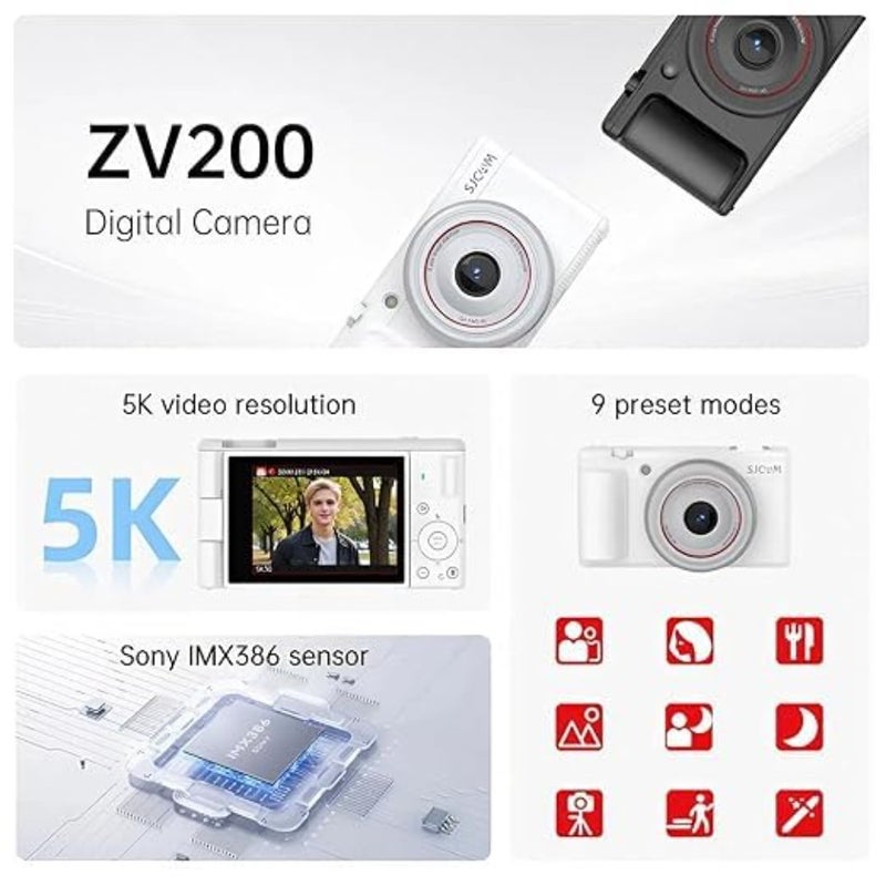 Digital Camera for vlogging and travel, black plastic body with flip screen, 5K resolution, 80MP sensor, 16X digital zoom, 6-axis gyro stabilization, 9 preset modes, 800 mAh battery - Image 3