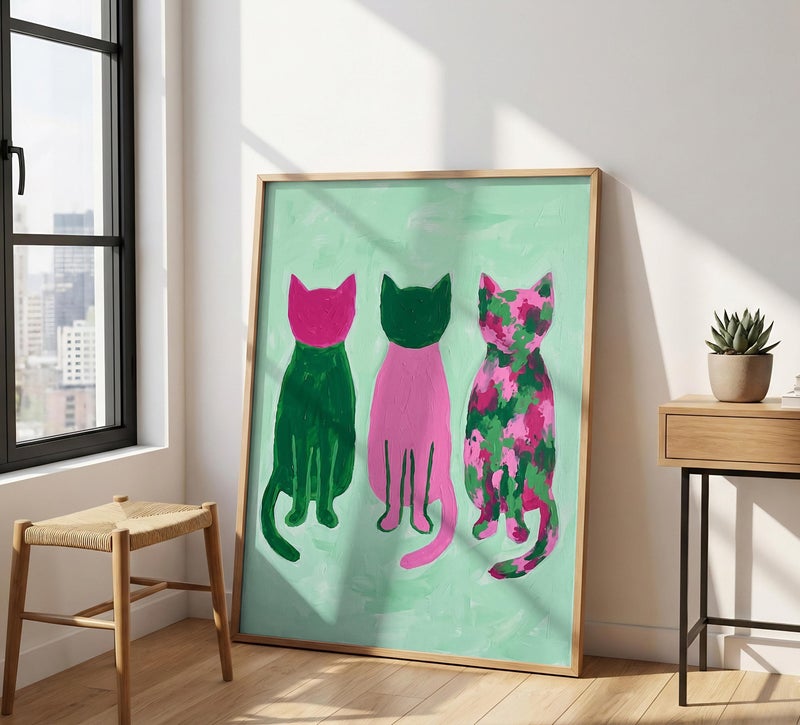 TNESSENTIAL Colorful Cat Print – Pink And Green Wall Art, Maximalist Room Decor, Abstract Feline Poster, Pop Art Cats, Preppy Animal Artwork - Image 1