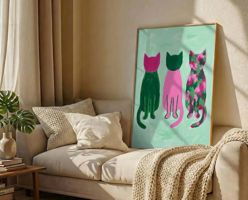 TNESSENTIAL Colorful Cat Print – Pink And Green Wall Art, Maximalist Room Decor, Abstract Feline Poster, Pop Art Cats, Preppy Animal Artwork - Image 3