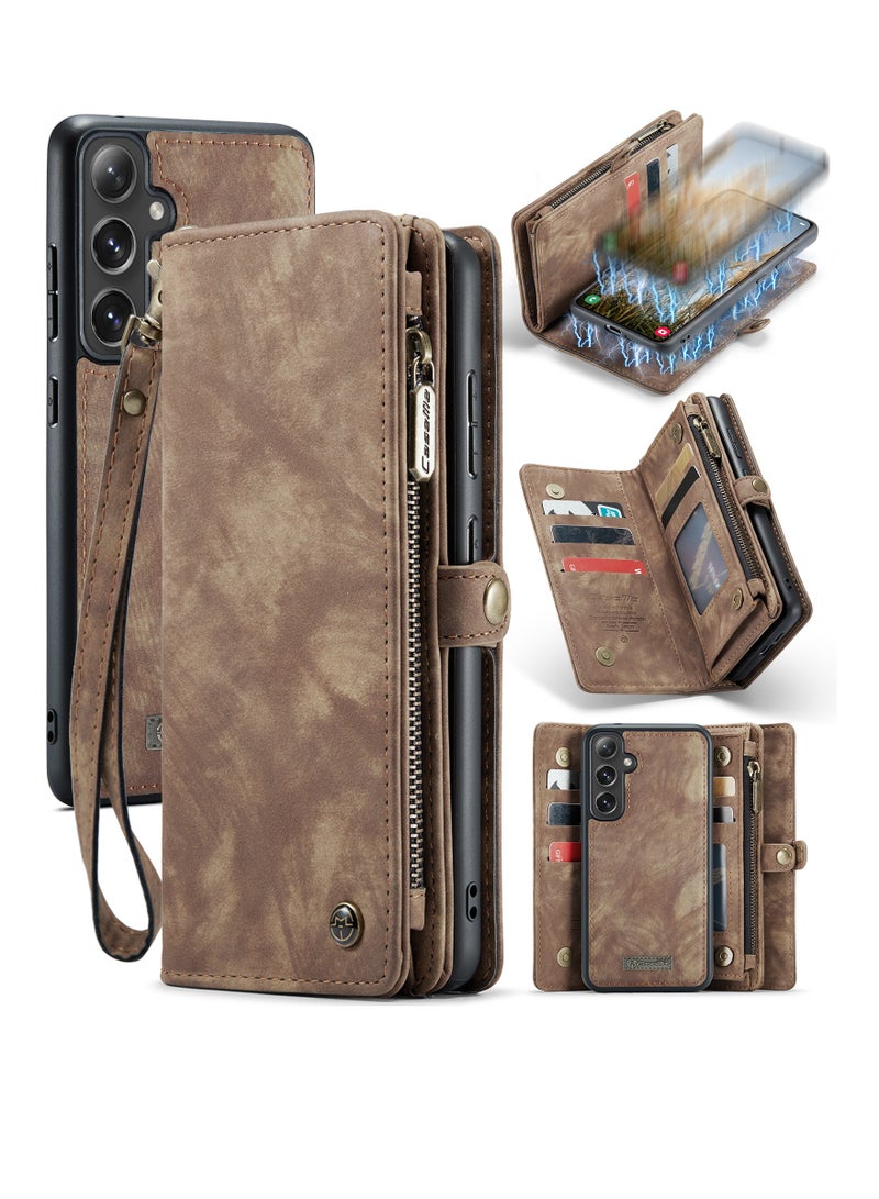 CaseMe Protective Phone Cover Case Wallet Case For Samsung Galaxy S24 Plus, 2 in 1 Detachable Premium Leather Magnetic Zipper Pouch Wristlet Flip Phone Case (Brown)  - Image 2
