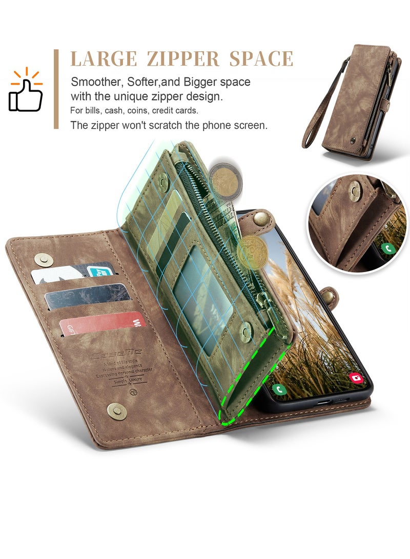 CaseMe Protective Phone Cover Case Wallet Case For Samsung Galaxy S24 Plus, 2 in 1 Detachable Premium Leather Magnetic Zipper Pouch Wristlet Flip Phone Case (Brown)  - Image 4