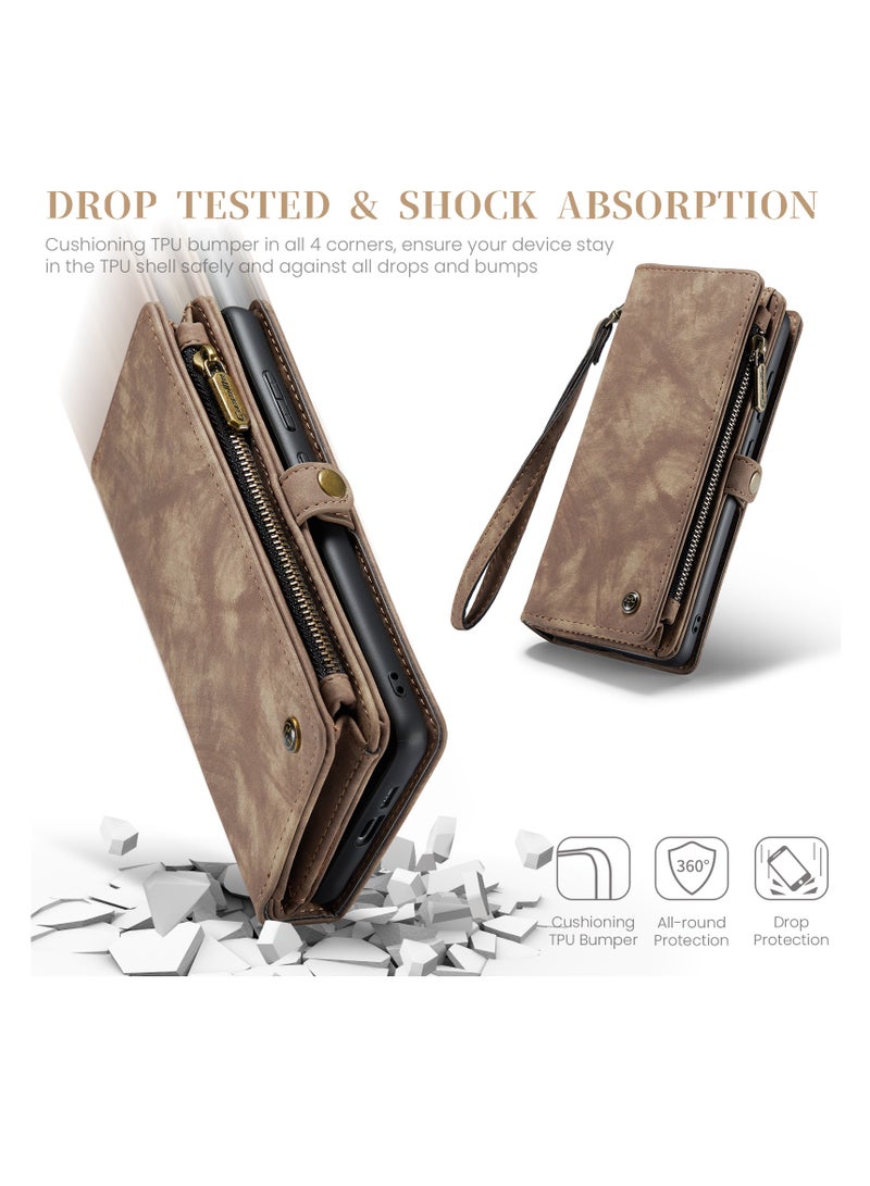 CaseMe Protective Phone Cover Case Wallet Case For Samsung Galaxy S24 Plus, 2 in 1 Detachable Premium Leather Magnetic Zipper Pouch Wristlet Flip Phone Case (Brown)  - Image 5
