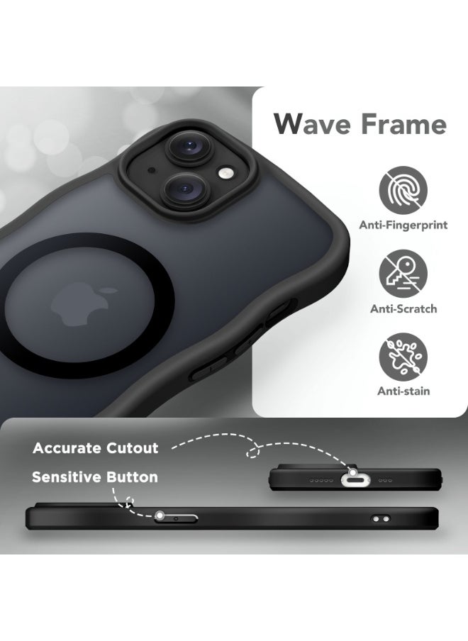 Cute for iPhone 15 Case, Compatible with MagSafe, [Curly Wave Edge] [Full Camera Protection] [14 FT Drop Shockproof Protection] Magnetic Phone Case for 15 6.1 Inch, Black