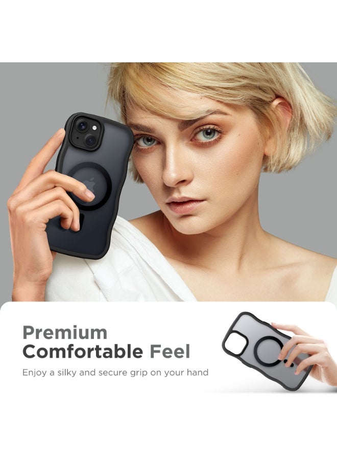 Cute for iPhone 15 Case, Compatible with MagSafe, [Curly Wave Edge] [Full Camera Protection] [14 FT Drop Shockproof Protection] Magnetic Phone Case for 15 6.1 Inch, Black