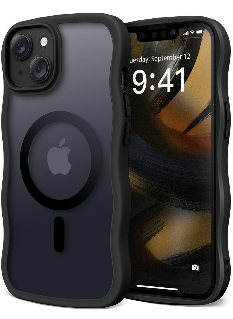 Cute for iPhone 15 Case, Compatible with MagSafe, [Curly Wave Edge] [Full Camera Protection] [14 FT Drop Shockproof Protection] Magnetic Phone Case for 15 6.1 Inch, Black