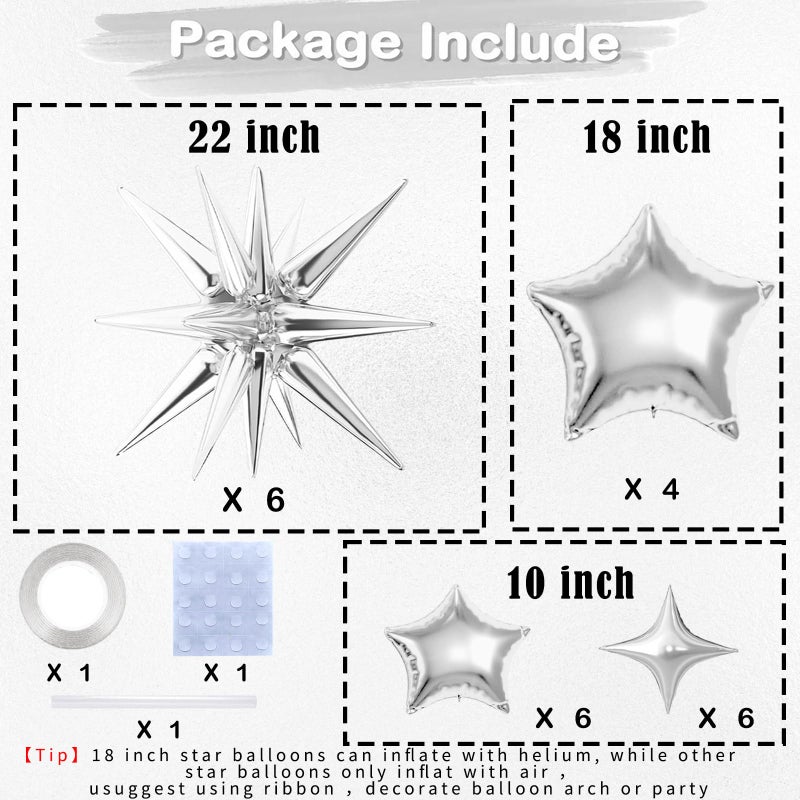 BZIDII 22 Pcs Silver Star Balloons,22/18/10 Inch Star Foil Mylar Balloon,Spike Balloon and Four Pointed Balloons for Party Supplies Christmas Birthday Wedding Photo Booth (Silver) - Image 2