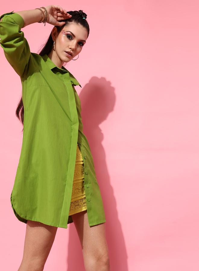 STREET 9 Women Green Solid Oversized Shirt - Image 3