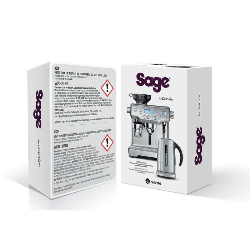 Sage Descaler Pack of 4 Biodegradable Powder for Coffee Machines, Kettles & Espresso Machines Removes Limescale, Preserves Performance