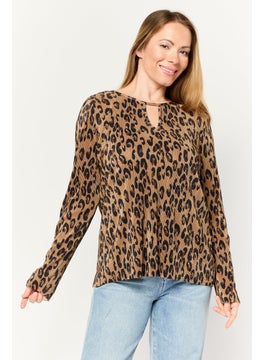 Women Keyhole Neck Long Sleeves Animal Print Blouse, Multi Color