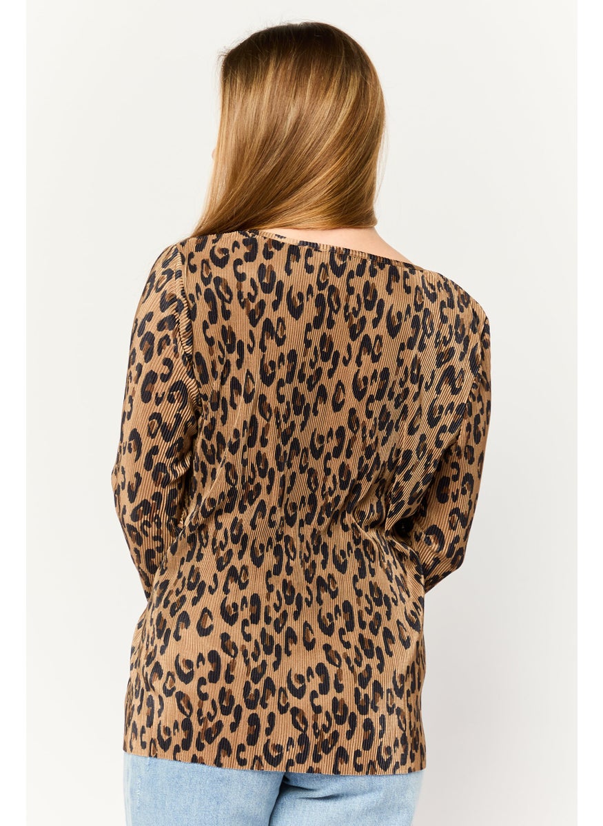 Cyrus - Women Keyhole Neck Long Sleeves Animal Print Blouse, Multi Color - Image 1