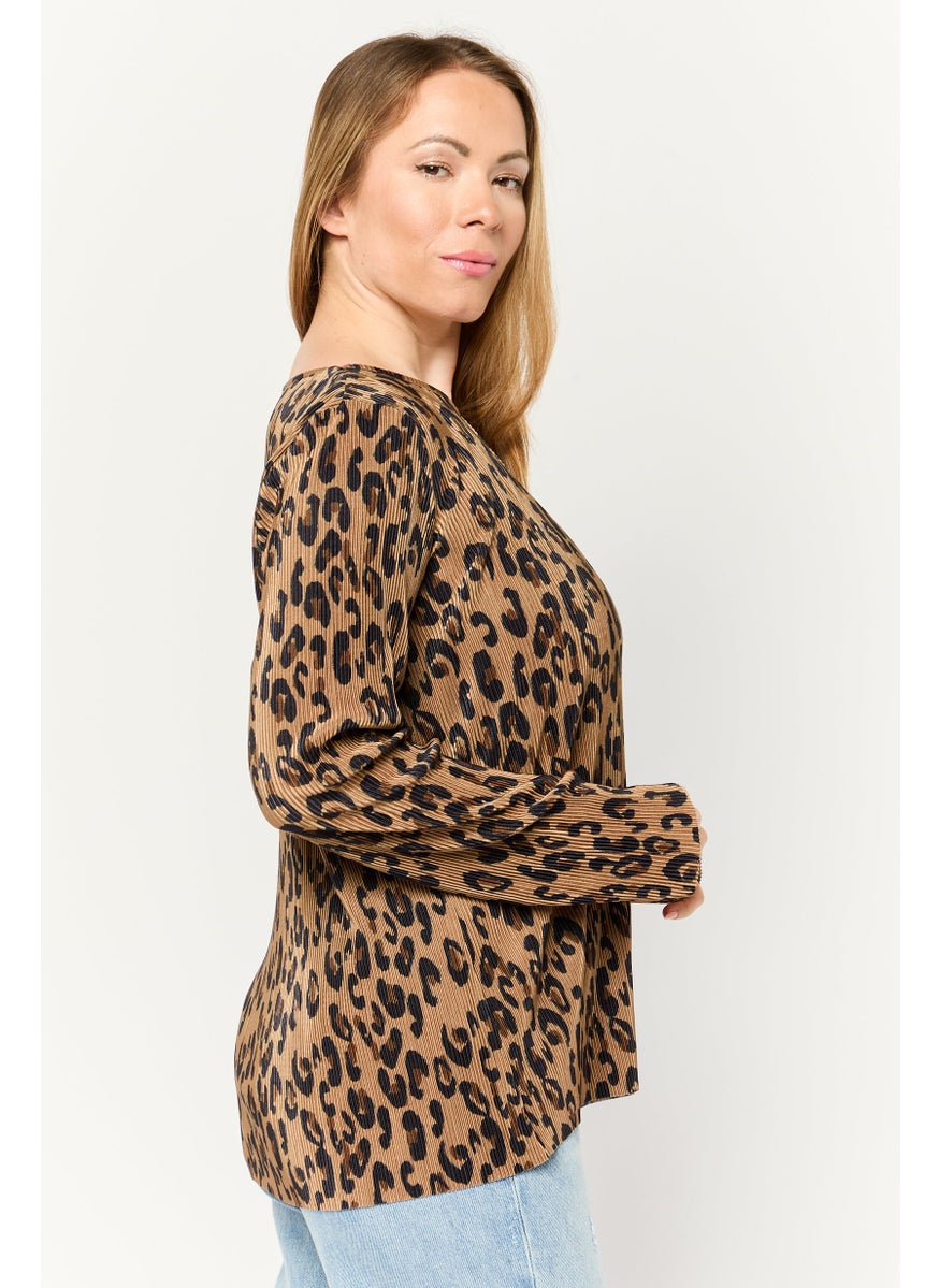 Cyrus - Women Keyhole Neck Long Sleeves Animal Print Blouse, Multi Color - Image 1