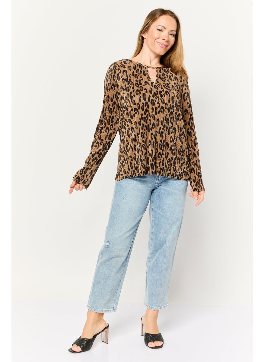Cyrus - Women Keyhole Neck Long Sleeves Animal Print Blouse, Multi Color - Image 1
